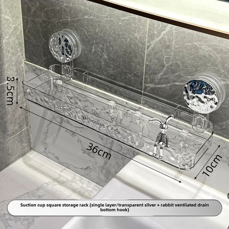 Étagère de rangement carrée transparente argentée à ventouses avec lapin, sans perçage, fixation murale, étagère pour lavabo de salle de bain, gain de place (1/5)