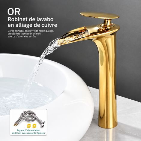 Mitigeur Lavabo Laiton doré cascade modèle haut pour Vasque avec tuyaux d'arrivée d'eau – Robinet Salle de Bain Monotrou Eau Chaude Froide – Livraison gratuite