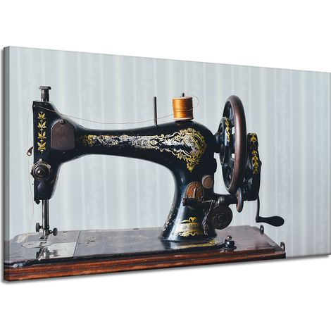 Lienzo impreso con máquina de coser vintage, 120x70 cm, aguja de sastre e hilo.