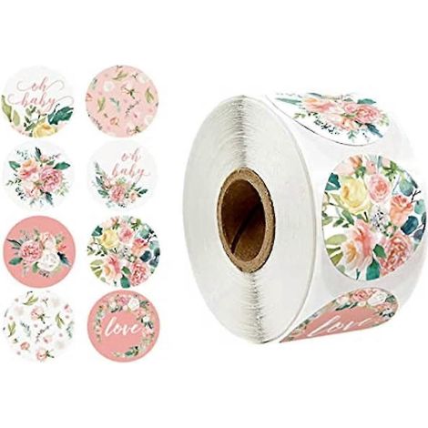 Rouleau de 500 autocollants floraux « Love » - Étiquettes en papier à fleurs rondes pour la pâtisserie, les loisirs créatifs, la décoration de cartes et de fêtes. Idéal pour les cadeaux. (1/3)