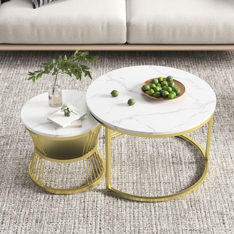 Tanant – Lot de 2 tables basses gigognes 70x45cm – MDF blanc avec motif marbre – Style moderne luxe – Pieds métalliques pour stabilité (1/5)