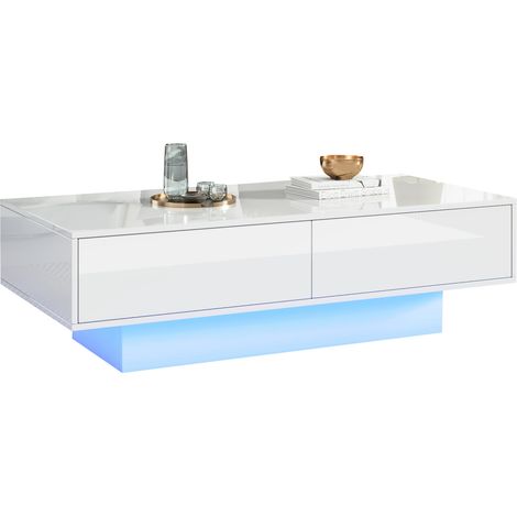 Mesa de centro moderna blanca alto brillo 115 x 55 x 34 cm con 2 cajones y LED (1/5)