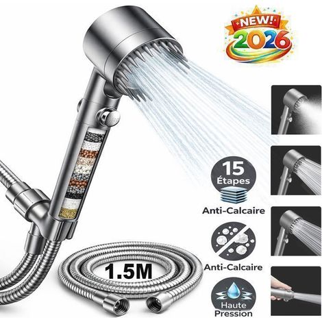 Pommeau de Douche Filtrant 15 Étapes, Anti-Calcaire Chlore, Haute Pression, 4 Modes, Bouton Stop, Tuyau 1.5m Inclus, Gris (1/5)