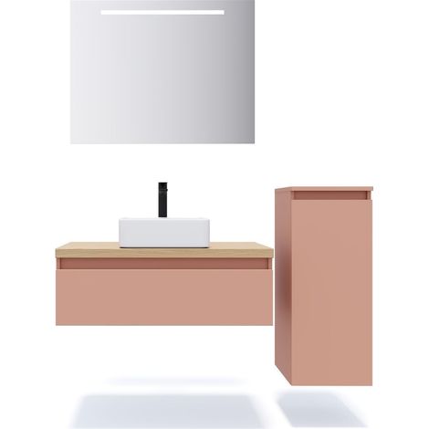 Meuble de salle de bain suspendu vasque à poser 90cm 1 tiroir Abricot + miroir + colonne ouverture droite - Hudson (1/5)
