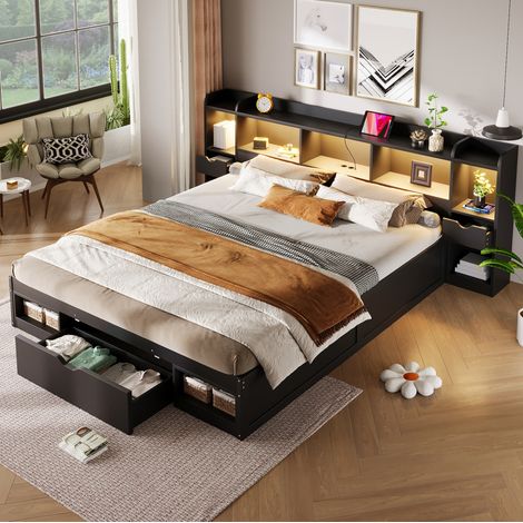 Lit 180x200 avec rangements en tête et pied de lit, 3 tiroirs, LED et port USB, noir DESVIAE (1/5)