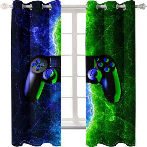 3D Art Abstrait Jeu Vidéo Rideaux Occultants Moderne pour Chambre Salon Enfants Garçons Gamer - Lavable en Machine (Bleu Vert, 140x180 cm) - 140x180 cm (1/5)