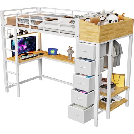 Letto a soppalco 90x200 cm con scrivania gaming, prese USB e Type-C, LED, 5 cassetti in tessuto, barra appendiabiti e scaffali, bianco CHICFURN (1/5)