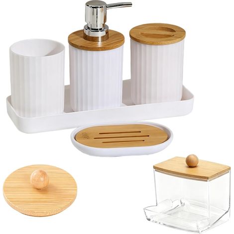 6 PièCes Accessoires Salle De Bain - Ensemble Salle De Bain Accessoire - Porte Brosse à Dents, Comprenant Un Distributeur De Savon, Un Pot à Cotons Tiges, Une SavonnièRe, Tasses Et Plateaux (1/5)