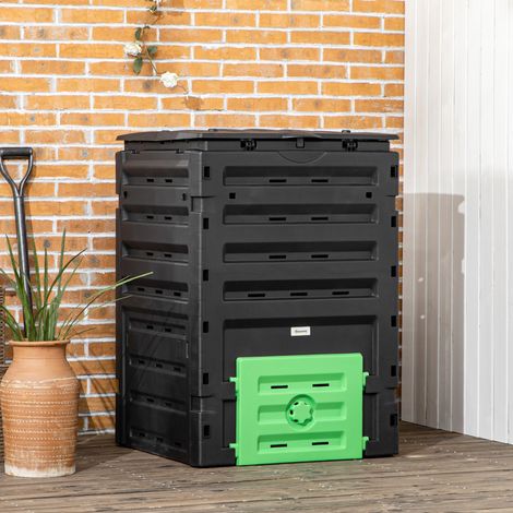 Composteur de jardin 450L, bac à compost avec 80 aérations et 2 portes coulissantes, 69x71x103cm, noir