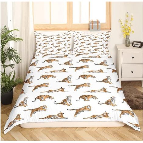 Cute Tigre Sets de Housse de Couette Kawaii Wild Animaux Parure de Lit 140x200cm Wildlife Safari Cat Jaune Blanc Réversible - PHD (1/4)