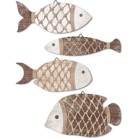Décoration murale poissons style marin, lot de 4 poissons effet bois filet, teintes naturelles beige taupe, déco bord de mer pour salle de bain WC entrée salon, gîte maison vacances (1/5)