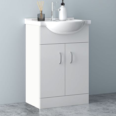 Acezanble Bathroom Vanity Unit Basin Sink Cabinet Gloss White Soft Close Door Hinges Ceramic Storage Furniture - 650mm