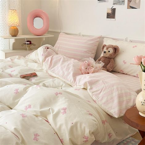 Parure de lit pour fille - 135 x 200 cm - En coton - Motif nœud rose et pois - Rayures roses et blanches - Housse de couette avec taie d'oreiller de 80 x 80 cm (1/5)