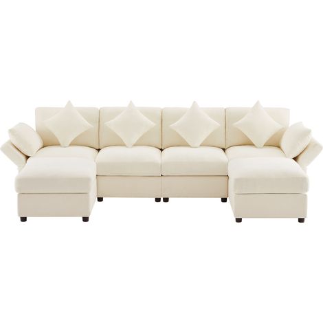 Sofá modular en U/L de chenilla con 2 pufs y reposabrazos ajustables, beige (1/5)