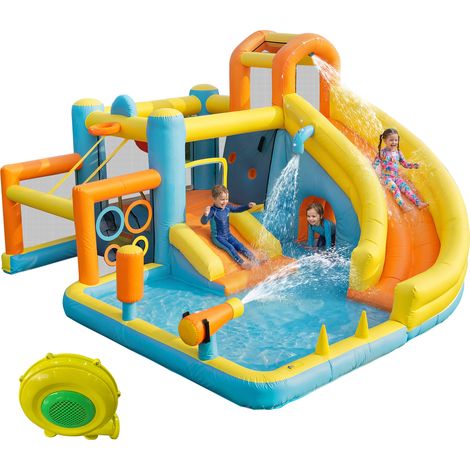 Château gonflable aquatique enfant avec toboggan, piscine et jeux d’eau, parc extérieur avec souffleur 405x416x218 cm (1/5)