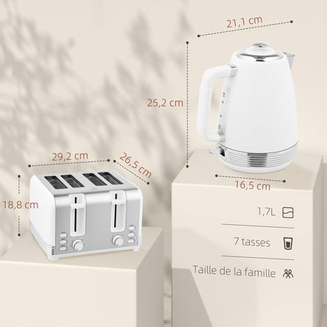 Ensemble bouilloire et grille-pain, bouilloire en acier inoxydable 1,7 L et 2200 W et grille-pain à 4 tranches, blanc (1/5)