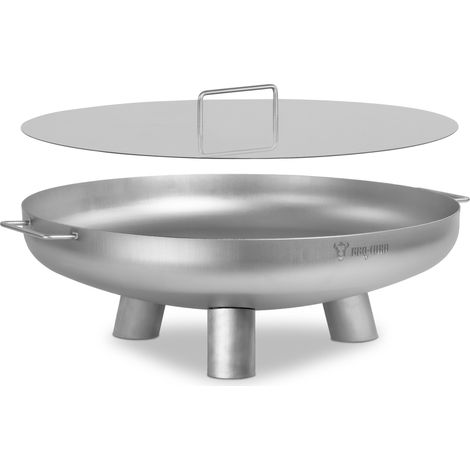 BBQ-Toro Edelstahl Feuerschale Ø 70 cm mit Deckel, Silber, Outdoor Dreibein Feuerstelle für Garten