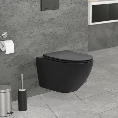 LuxeBath WC Suspendido Negro Mate de Cerámica sin Borde, Inodoro Colgante 53,5cm Largo con Descarga Profunda de Tornado para Baño, Wáter con Asiento Extraíble y Tapa Softclose (1/5)