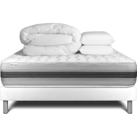 Komplettpaket Bett - Matratze 180x200 cm + Boxspringbett mit Lattenrost (im Set) + 2 Kopfkissen + Bettdecke - Vitalspring Recover