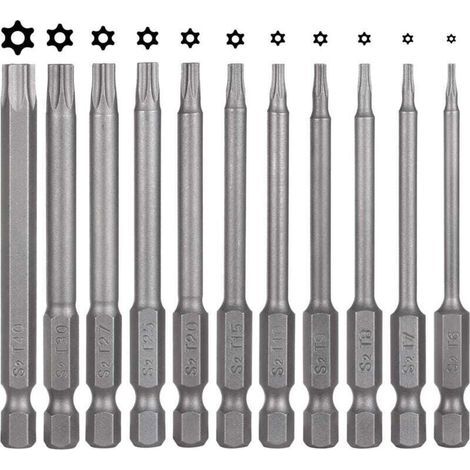 Set of 11 Torx screwdriver bits - 75 mm - S2 steel - Magnetic - Hex - T6 T7 T8 T9 T10 T15 T20 T25 T27 T30 T40 - Electric Torx bits for T-profile screws (1/5)