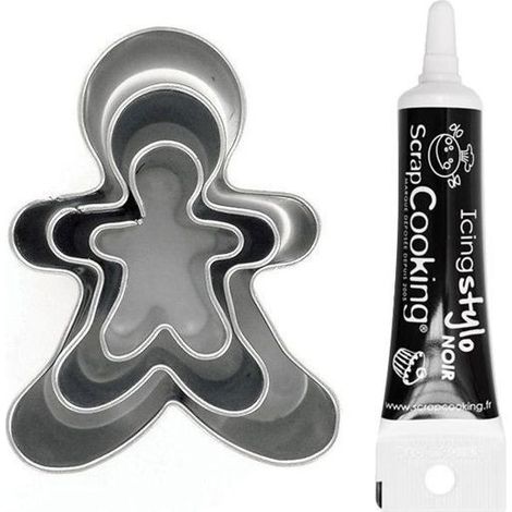 3 mini emporte-pièces inox Bonhomme en pain d'épices + Stylo de glaçage noir