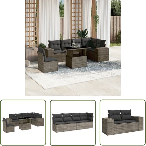 The Living Store Salon de jardin avec coussins 7 pcs gris résine tressée - Ensemble Salon De Jardin - Meuble Extérieur - Jardin Design - Mobilier Résistant Aux Intempéries - Chaise Lounge (1/5)