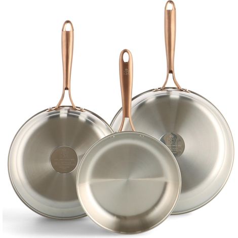 Lot de 3 poêles à frire en acier inoxydable, Ø 20/24/28 cm, à induction, non revêtues, passent au four jusqu'à 230 °C, passent au lave-vaisselle, en acier inoxydable 18/10, argenté (1/5)