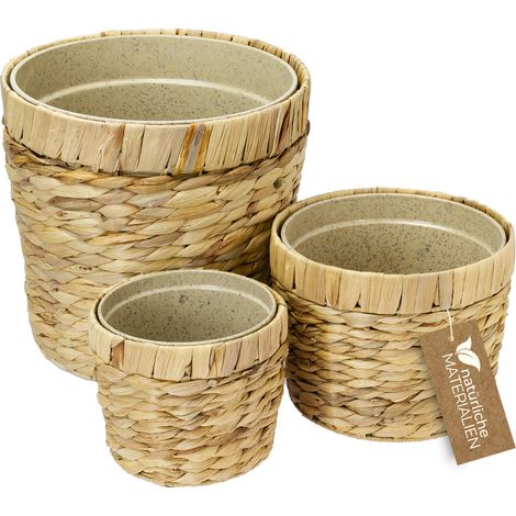 HMF 37280-14CM+19CM+25CM Innovativer Blumentopf geflochten aus Wasserhyazinthe, mit Pflanztopf aus nachhaltigen Rohstoffen, Rund, 3er Set, 14 cm + 19 cm + 25 cm Durchmesser (1/5)