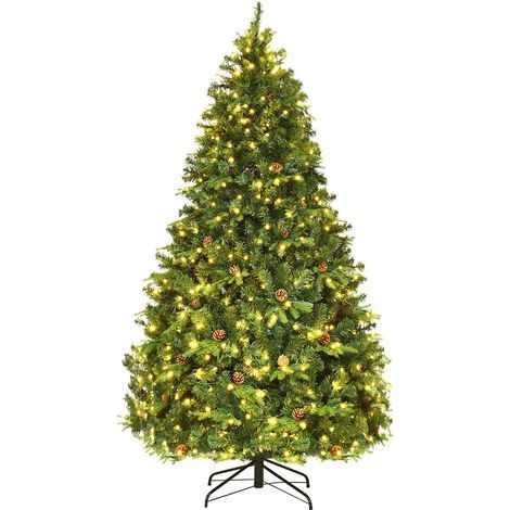 Costway – Sapin de Noël artificiel 210 cm – Arbre lumineux avec lumière LED blanc chaud – Pommes de pin décoratives – Pied en métal – Matériaux PVC et PE (1/5)