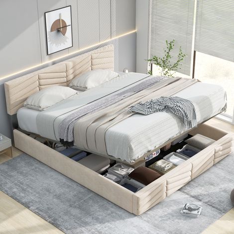 Bett Polsterbett 140x190 Kopfteil Samt Beige OKMYHOME (1/5)