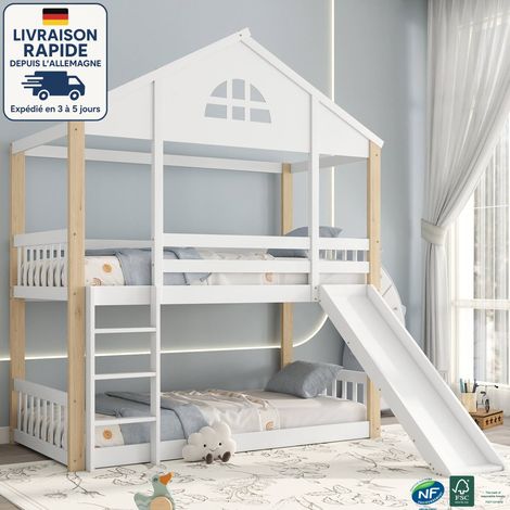 Litera de 90 x 200 cm - Litera infantil de 90 x 200 cm, cama alta para 2 personas - Cama corredera con escalera y barandilla - Madera con certificación PEFC - Blanco y natural
