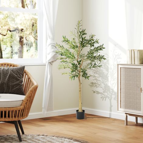 Plante artificielle, olivier artificiel, 150 cm, 720 feuilles, 40 olives, pot de fleurs robuste, plante décorative, verte