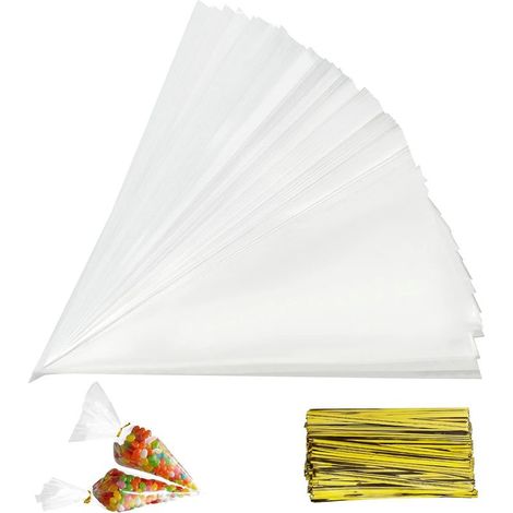 Lot de 150 sachets transparents en OPP 13 x 25 cm – Sacs à cône pour bonbons, biscuits et gâteaux – Non toxiques et légers (1/5)