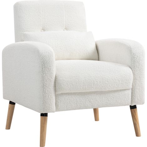 Fauteuil moderne, chaise rembourrée avec pieds en bois d'hévéa, coussin lombaire, pour salon, chambre, bureau, blanc (1/5)