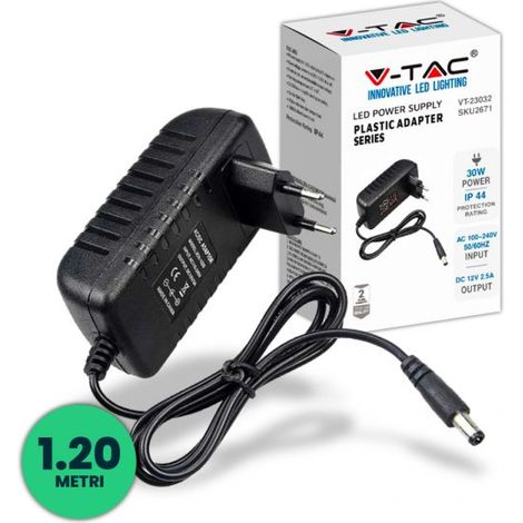 V-TAC Alimentatore in Plastica 30W 12V 2.5A Jack 2.1 Cavo da 1.2m IP44 - SKU 2671 VT-23032