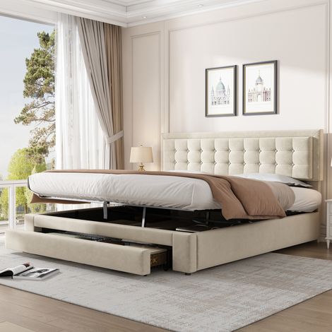 Letto contenitore 180 x 200 cm con cassetti, testiera regolabile 10 cm, velluto beige DESVIAE (1/5)