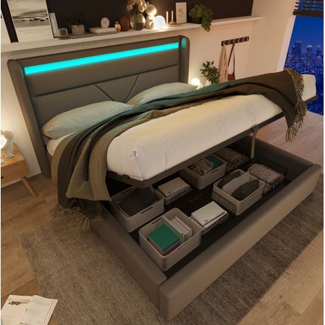 Letto matrimoniale contenitore LED 160x200 grigio OKMYHOME (1/5)