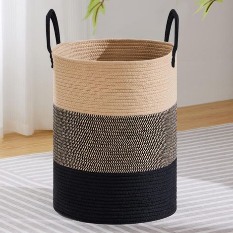 Panier à linge tressé 100L XXL, grand panier de rangement rond en coton avec poignées pour chambre d'enfant (1/5)