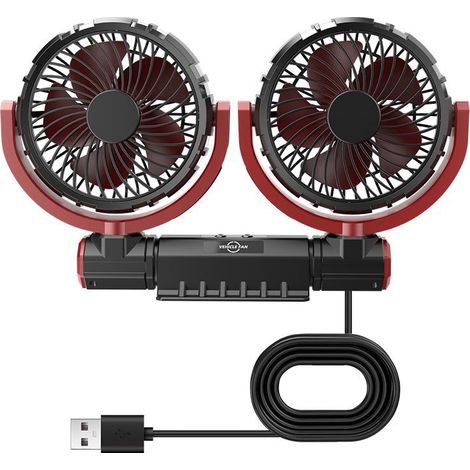 Ventilador USB de doble cabezal para coche con potente refrigeración giratoria de 360° y 3 velocidades para el hogar, la oficina y el coche. (1/5)