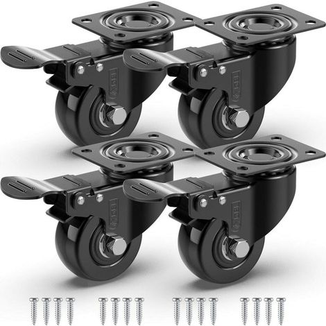 4 Roulettes Pivotantes Pour Meubles avec Frein + Vis - 50mm Jusqu'à 200KG - Roulette Sans Traces au Sol pour Charge Lourde - Roue en Caoutchouc pour Chariot - Noir (1/5)