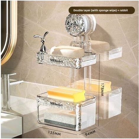 Porte-savon lapin à double ventouse, avec éponge et nœud argenté, fixation murale, non perforé, étagère de rangement haut de gamme pour salle de bain. (1/5)