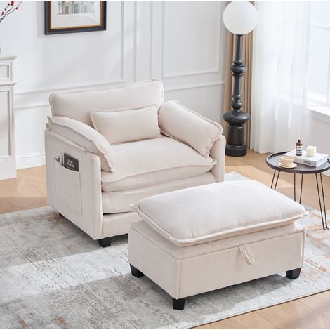 Poltrona moderna extra large con pouf contenitore in ciniglia beige (1/5)