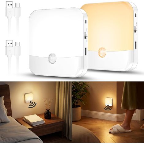 2Pcs Veilleuse LED Rechargeable avec Détecteur de Mouvement, Lampe Sans Fil pour Intérieur, Alimentation par Batteries, Éclairage Automatique pour Chambre, Couloir, Cuisine et Escalier [Classe énergét (1/5)
