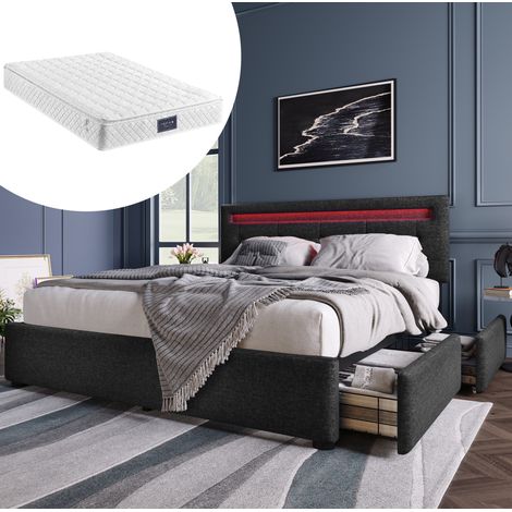 Cama 140x200 cm de lino negro con 4 cajones y LED, con colchón, para ahorrar espacio – MEUBLIV (1/5)