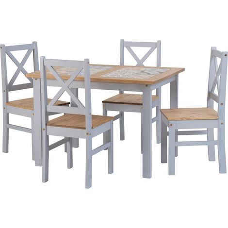Salvador Tile Top Dining Set 4 Chairs Grey and Waxed Pine (1/4)