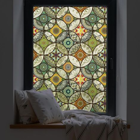 (45 x 200 cm) Dekorative Fensterfolie – Sichtschutzfolie – Milchglas – Kreismuster – Statisch haftend – Selbstklebend – Für Fenster – Gelb-Crezuo