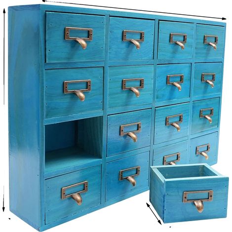 Armoire de rangement, design à 16 tiroirs, construction élégante en bois et métal, Bleu (1/2)