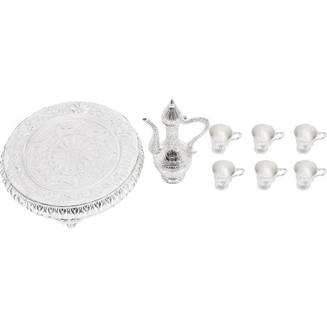 Juego de té, incluye 6 tazas, elegante bandeja para té, plata, juego de ocho piezas. (1/2)