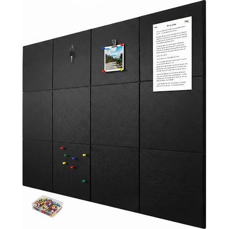 Tableau en feutre, 12 carrés autocollants, H x L x P = 30 x 30 x 0,9 cm, 100 punaises incluses, noir (1/5)