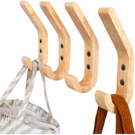 Porte-serviettes mural en bois en forme de J, crochets renforcés, chêne premium poli à la main, lot de 4, 155 mm (1/5)
